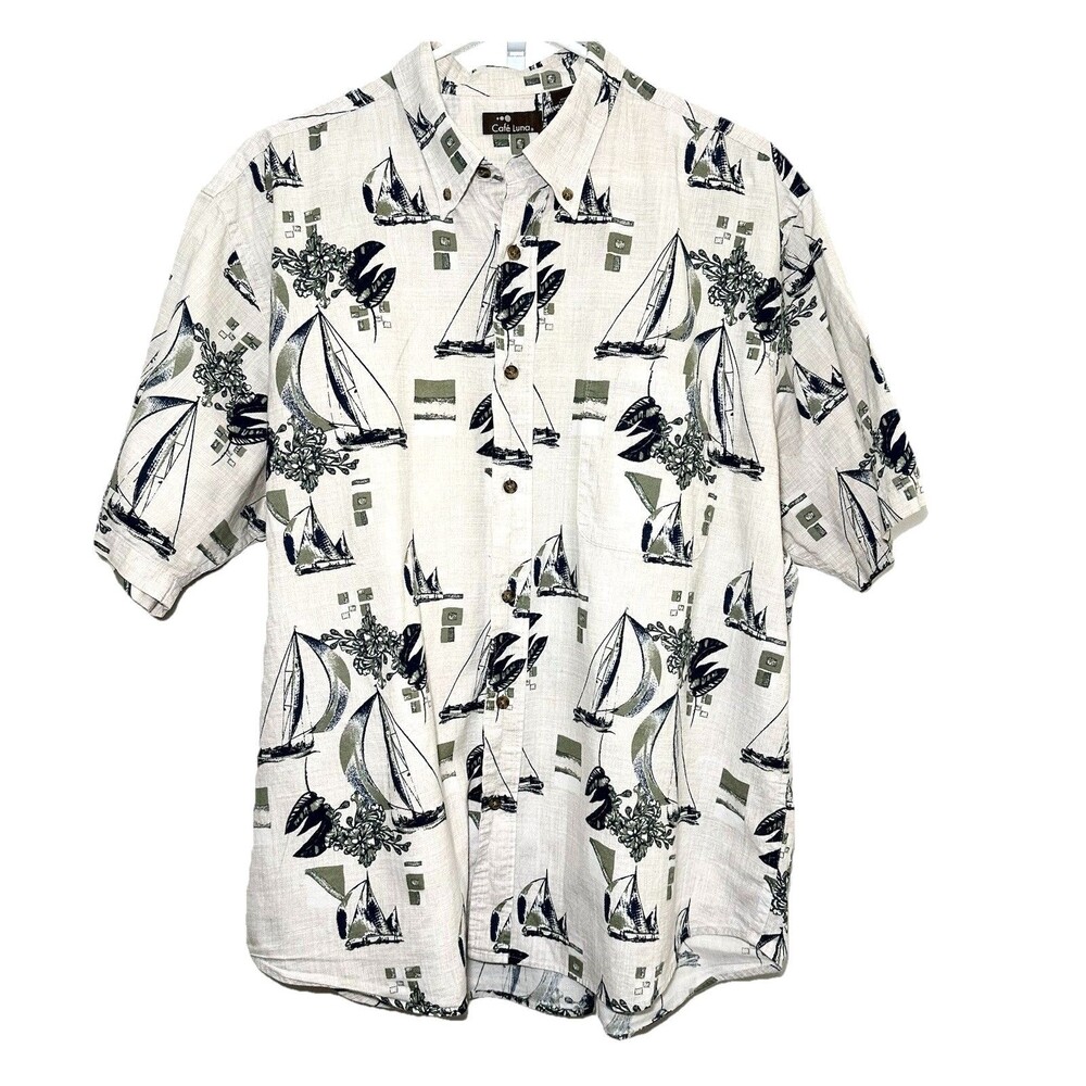 Cafe Luna Sailboat Hawaiian Shirt Mens XL Nautical Camp Beach Cotton Vacation